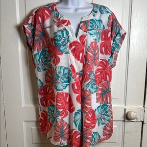Kim Rogers Vibrant Tropical Leaf Print Top Size 1X